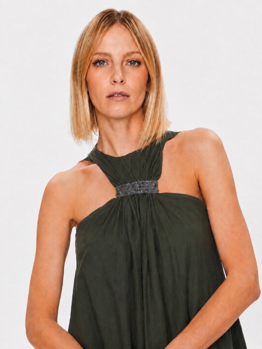 Fabiana Filippi Monili Green Halter Maxi Dress Silk Blend Pockets IT 48 XL - Picture 5 of 11